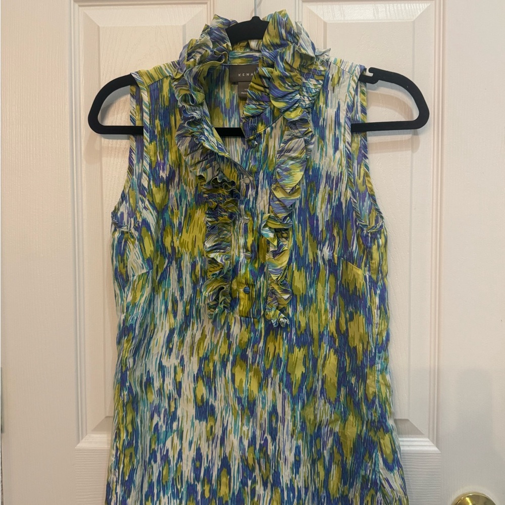 Kenar Women's Sleeveless Silk Ruffle Top - Blue and Green